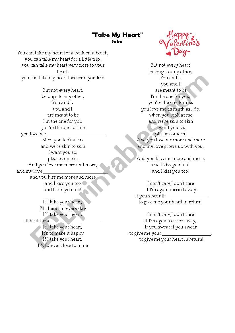 Song for valentine`s day worksheet